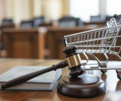 Gavel and shopping cart on a table, symbolizing online shopping, e-commerce laws, and consumer rights in a digital marketplace.